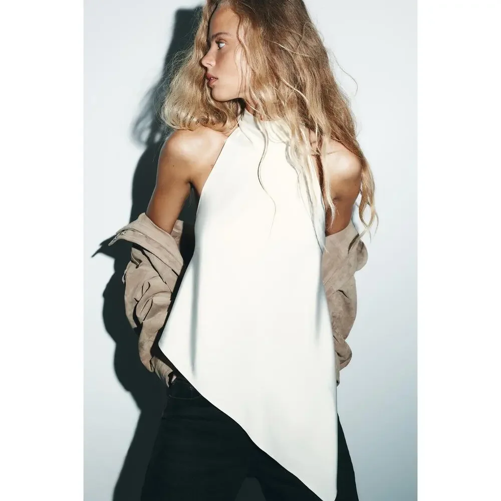 Zara White Asymmetric Satin Halter Top Size XXL Open Back 4772/137 Sexy Party - Picture 2 of 14